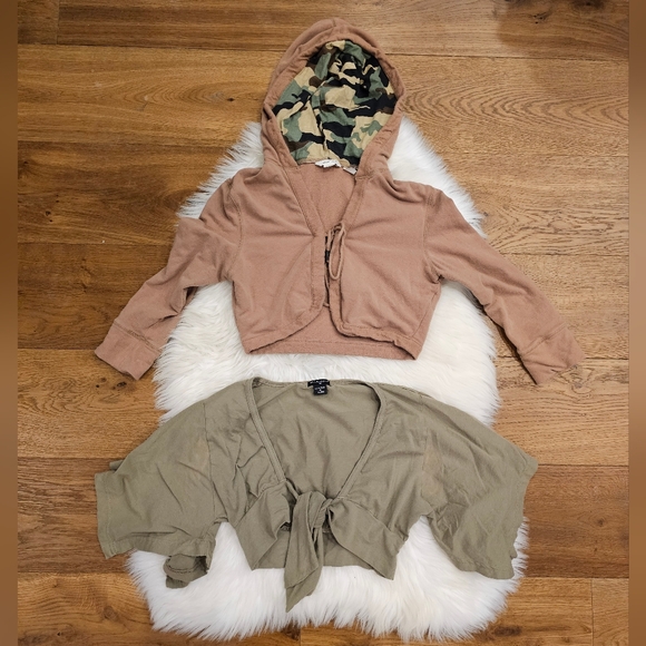 FANG Tops - Vintage Brown Hooded Jacket and Green Tie-Front Top